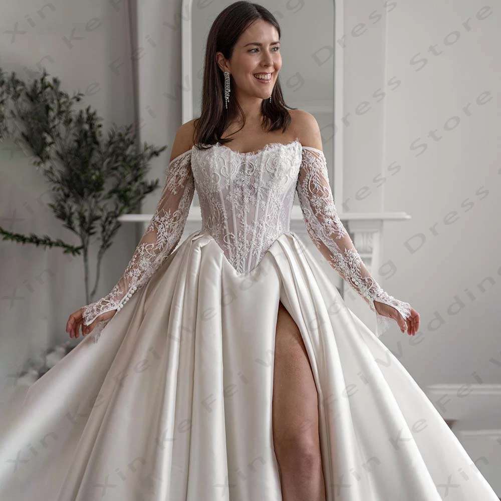 2025 Vestidos de novia de satén para mujer, elegantes, con hombros descubiertos, corte en A, princesa, sexy, con abertura lateral, vestidos de novia formales para fiesta en la playa