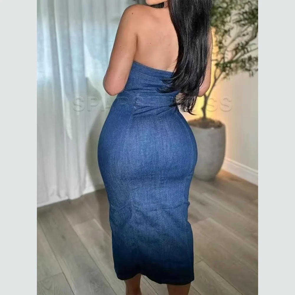 Sukienki bodycon z niebieskiego denimu na rok 2025, eleganckie, bez ramiączek, seksowne, modne, letnie, codzienne, na imprezę, do klubu, obcisłe.