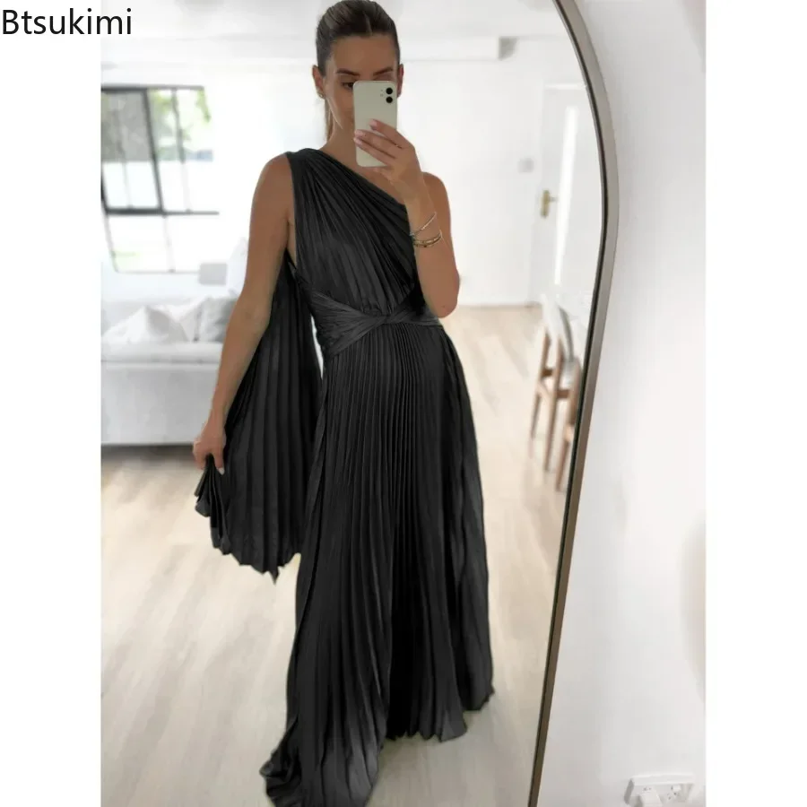 2024 Dames Sexy Off Shoulder Banket Maxi Jurk Schuine Kraag Geplooide Avondjurken Dames Slank Club Feest Strand Lange Jurk