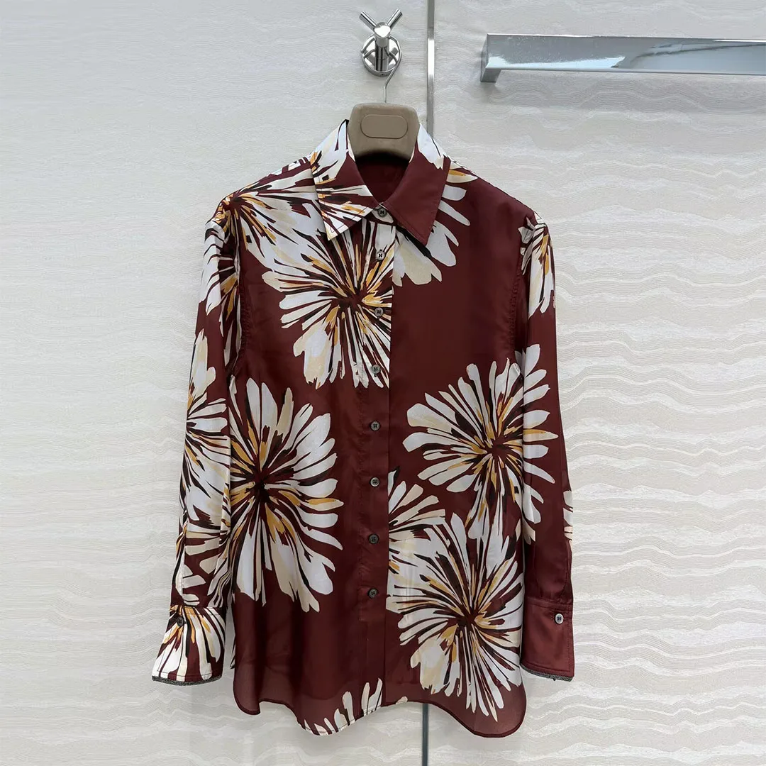 French Elegant 100% Silk Shirt Women Vintage Beach Style Floral Print Pattern Lapel Long Sleeve Loose Casual Chic Blouse