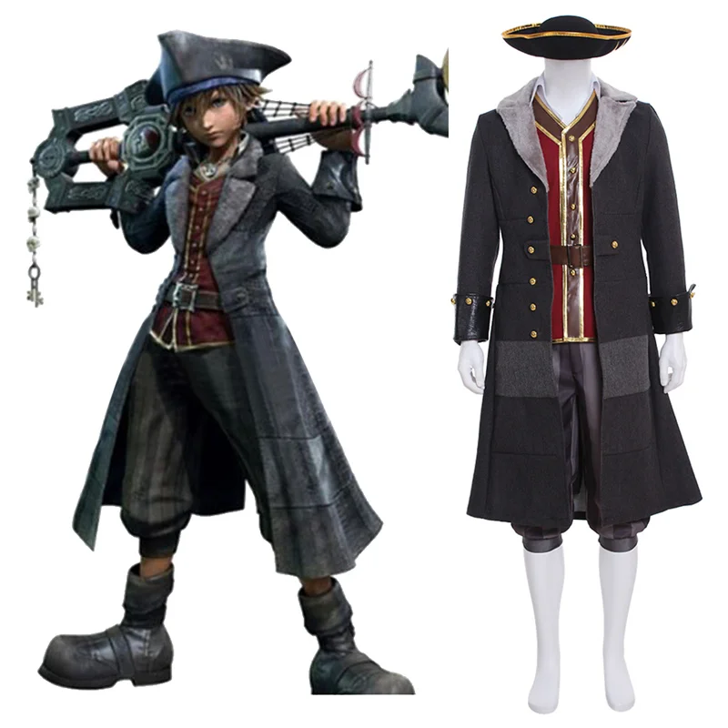 Kingdom Cosplay Sora Costume Men's Jacket Top Pants Pirate Suit with Hat Halloween Carnival Party Outfit