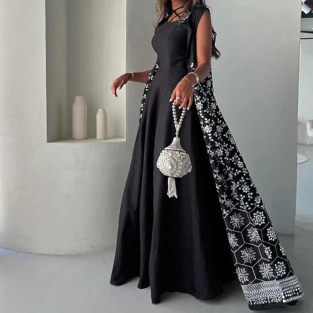 Customized  Fomal Sequined Off The Shoulder Satin Evening Dresses Modern A-Line Floor Length Square Neck Short Sleeves