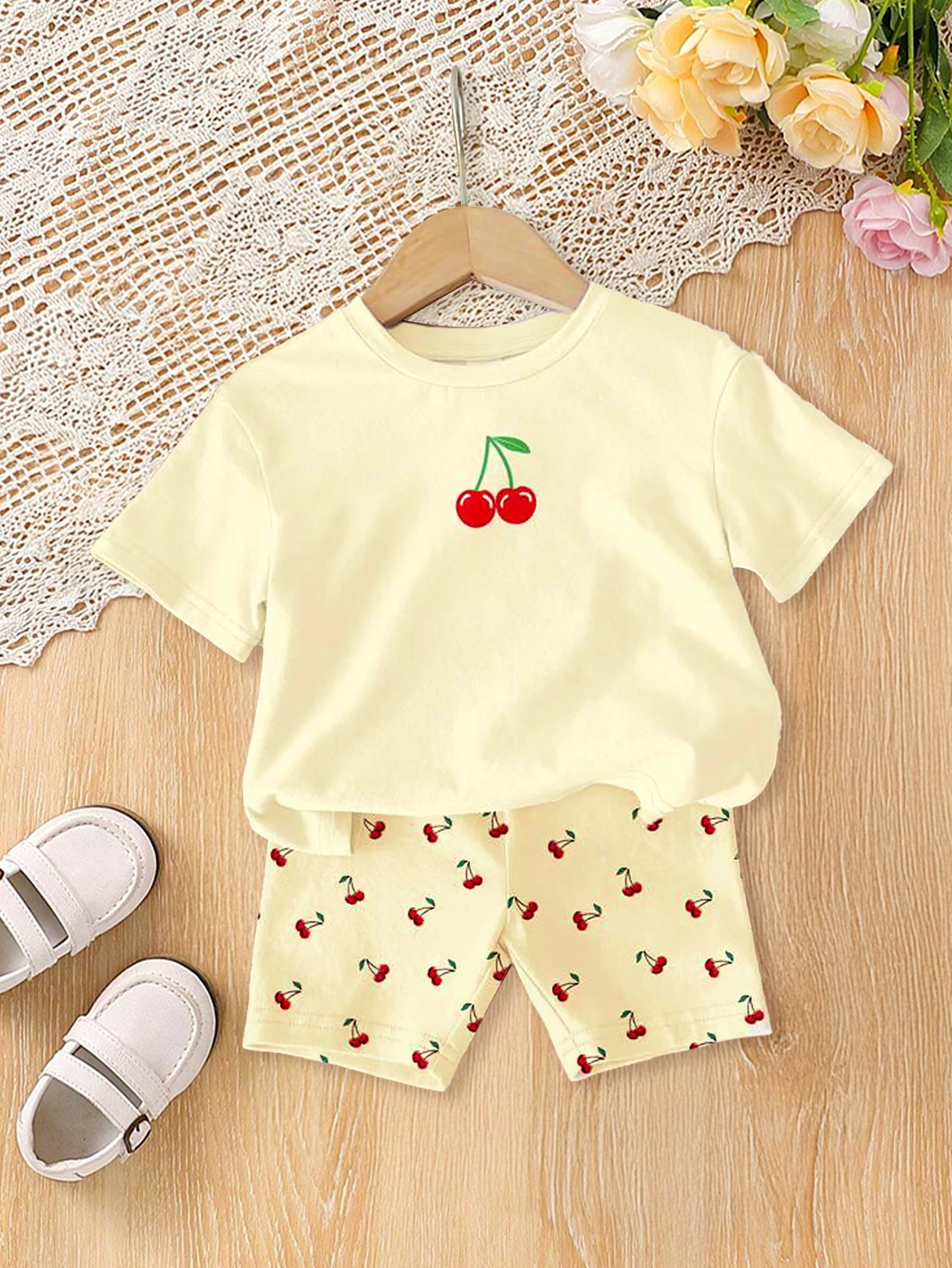 2-Piece Summer Fashion Casual Set for Girls with Yellow Cherry Print |   Cute Summer Short-Sleeved T-Shirt + Shorts Set