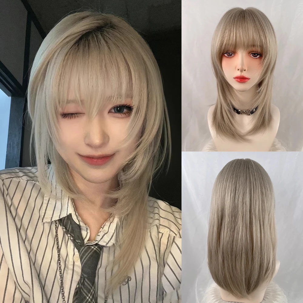 

Grey Blonde Short Straight Layered Wig with Bangs Synthetic Fluffy Women Lolita Cosplay Wig Heat Resistant for Daily Party