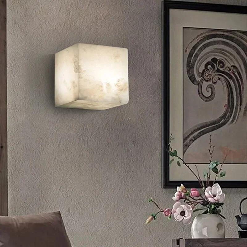 

High Quality Cube Marble Wall Lamp Natural Stone Square Bedroom Bedside LED Sconce Hallway Staircase Lighting Fixtures