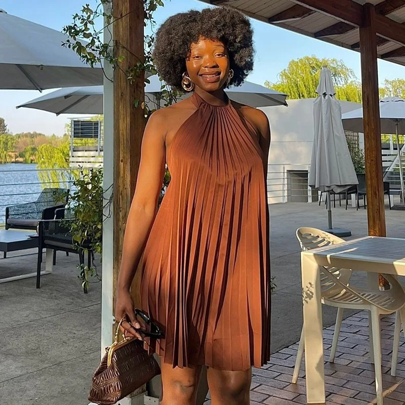 

Pleated Mini Dress Women Dresses Halter Sleeveless A Line Vestidos Streetwear Elegant Splice Y2k Night Beach 2025 Summer Club