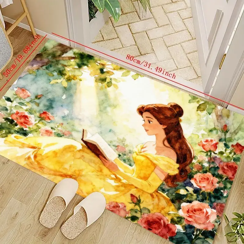 

1PC Disney Princess Belle Fairytale Watercolor Garden Floor Mat, Aesthetic Rose Reading Non-Slip Washable Area Rug for Living Ro