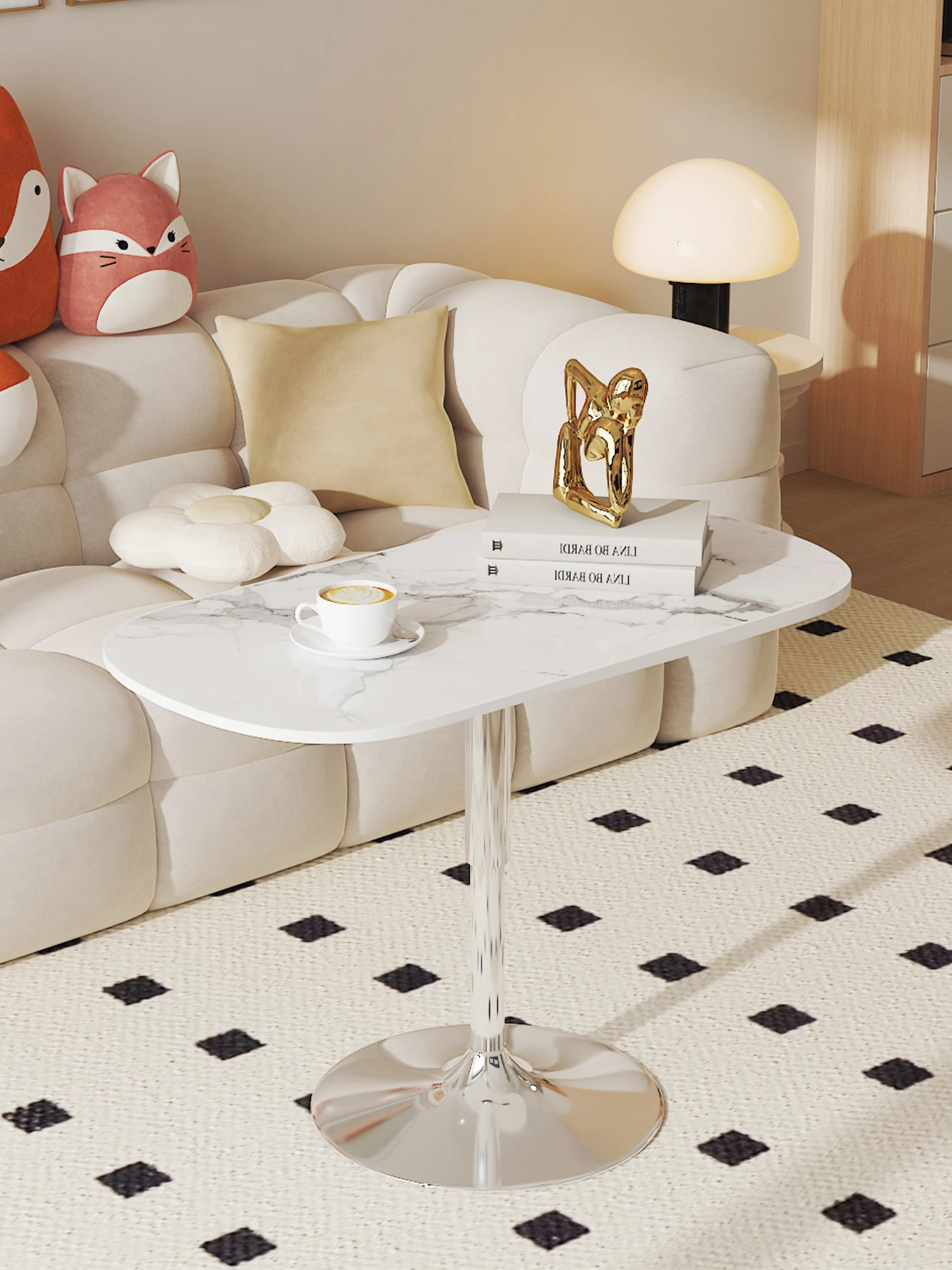 

Cream style living room, modern and minimalist tea table, and a few small units next to it. Quiet style sofa, creative tea table