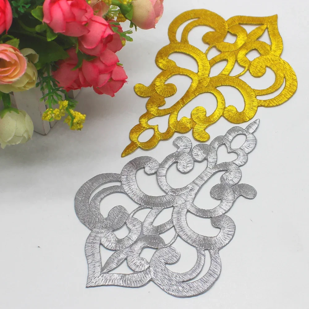 5 Piece Gold Embroidered Patches Iron On Appliques Flower Diy Trims Metallic Gold And Silver 16*10cm