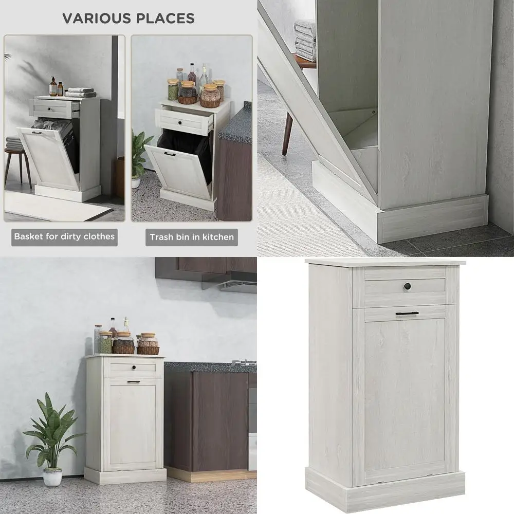 

Light Gray Wooden Cabinet with 10 Gallon Trash Bin, Storage and Laundry Hamper for Kitchen or Bathroom
