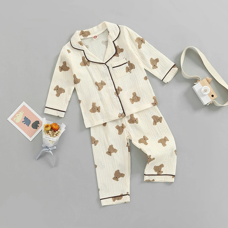 1-6Y Kids Toddler Girl Boy Pajamas Set Long Sleeve Button Down Pajama Shirt Top Long Pants Bear Sleepwear Pjs Set Nighwear 2PCS