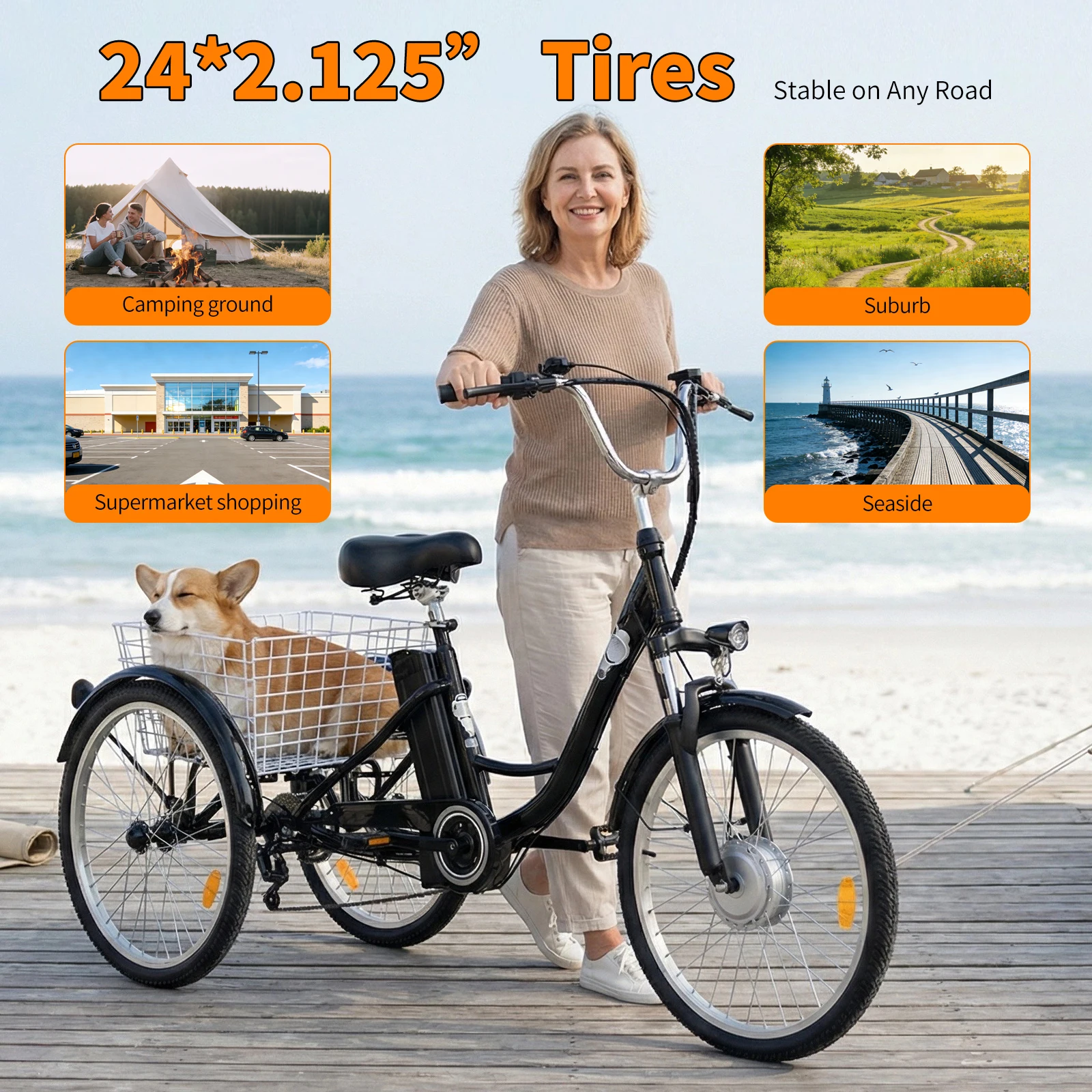 Triciclo Eléctrico SMARTRAVEL M300 36V 15AH, Neumáticos de 24x2.125 pulgadas, 7 Velocidades, Modo de Asistencia para Adultos, Autonomía de 40-60 km, Bicicleta de Montaña, Motor sin Escobillas, Batería de Litio Extraíble, Frenos de Disco, Bicicleta Eléctrica para Desplazamientos Urbanos Diarios y Uso Todoterreno, Envío Gratuito