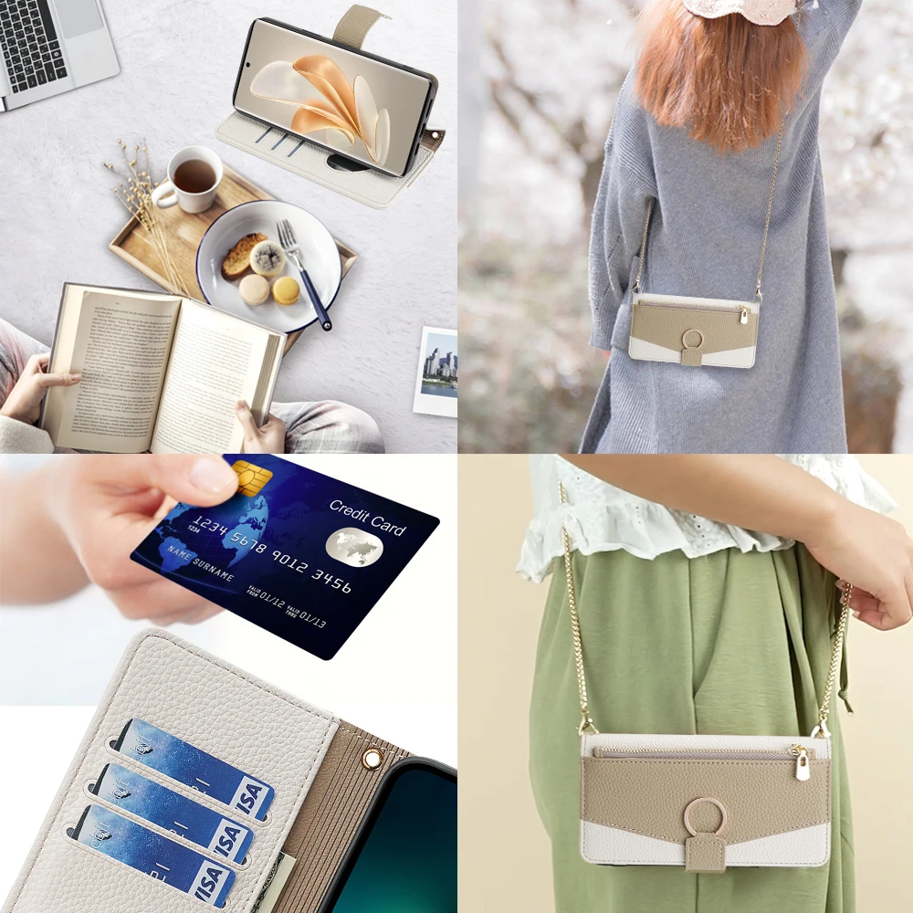 Crossbody Wallet Case for Vivo Y35 Plus Y35M Y36 Y78 Y77 Y55 Y75 Y53s Y74s Y33T Y15S Y70s Y22s Y73 Y52 Flip Cover Metal Chain