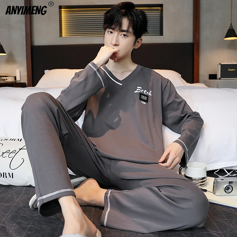 L-3XL Leisure Men Pajamas Autumn Winter Faux Cotton Fashion Round Collar Pajama Sets Long Sleeves Pijamas Gentleman Sleepwear