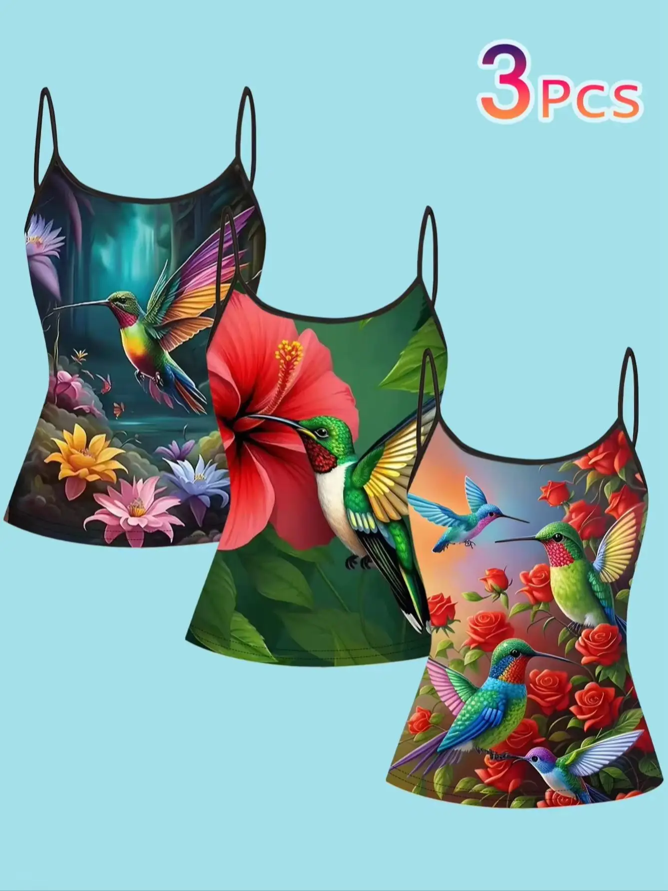 3-Piece Set of Women's Summer Thin Camisole Tops with Hummingbird Floral Garden Print, Slim Fit, Can Be Worn as an Inner Layer or Outerwear