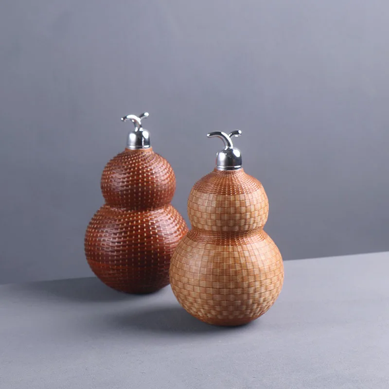 Handmade Porcelain Gourd Thermal Cup Stainless Steel Liner Portable Bamboo Weave Tea Wine Gourd Outdoor Household Drinkware