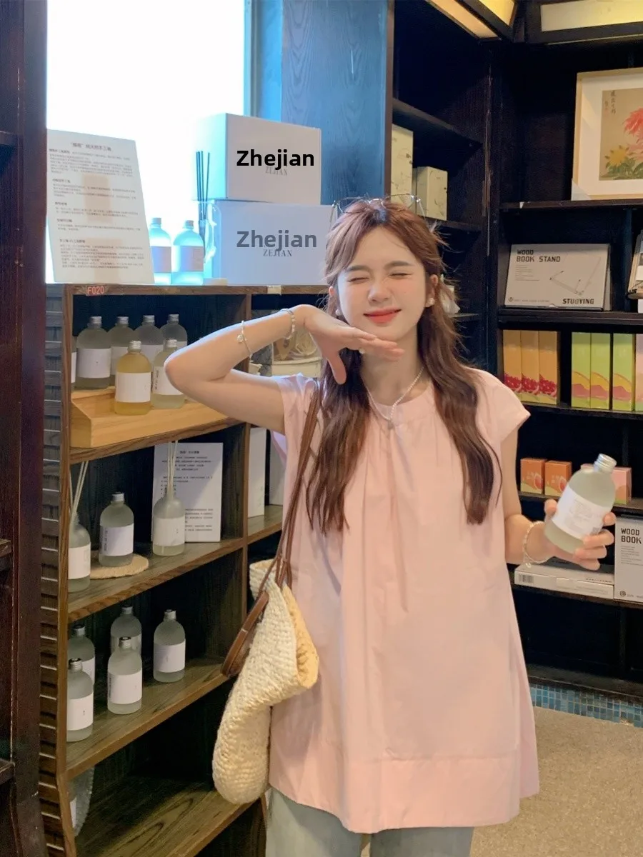 

Faionable Loose Women's irt ort Sve Midi Length Svel Pink Cover up Top Commute Sle Tee Acetate Fiber 00%