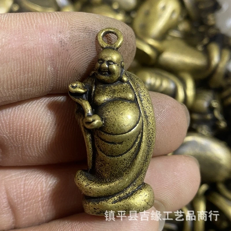 Antique Ruyi Maitreya Solid Pendant, Brass Figurine, Small Ornament, Micro-Carved Buddha Handheld Piece