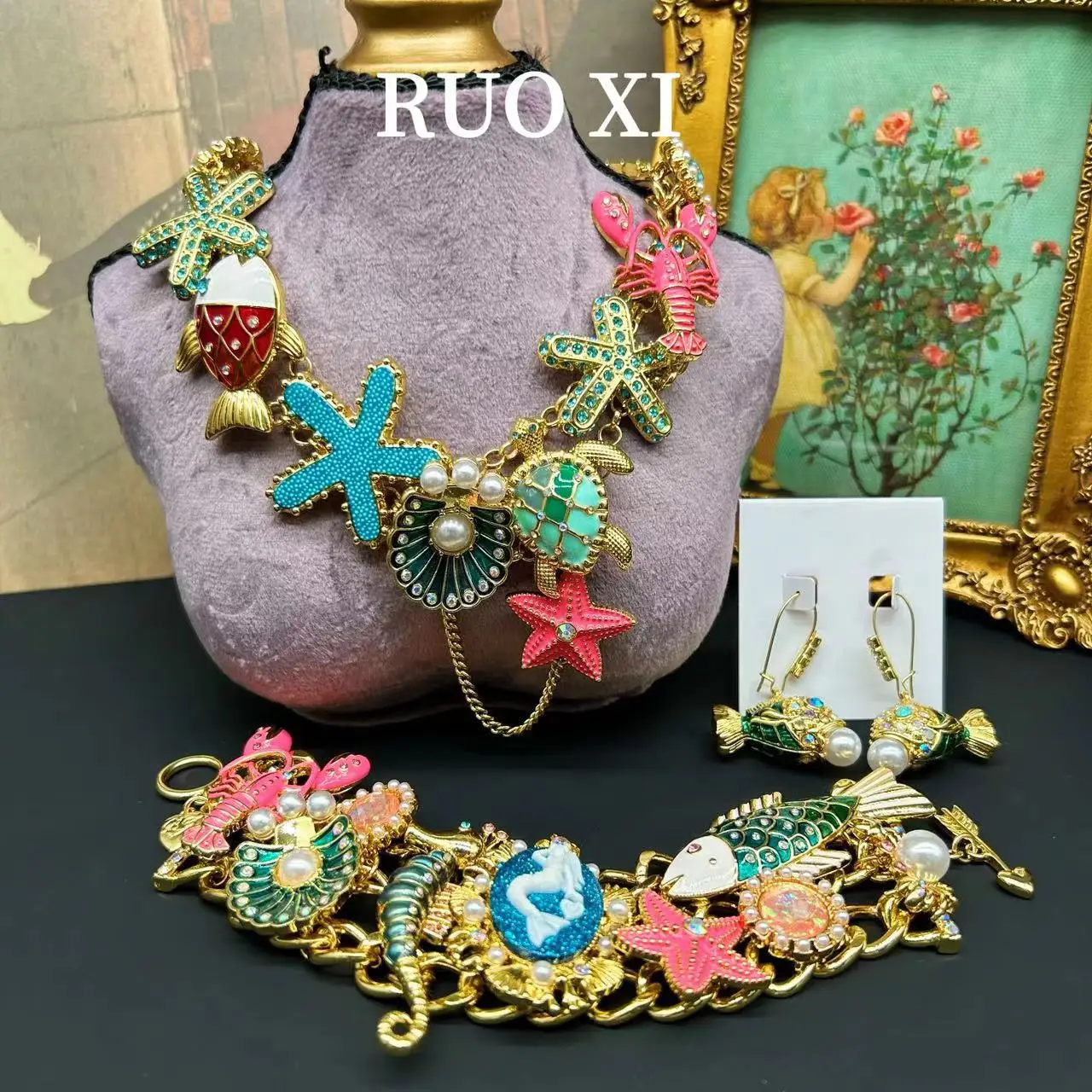 

Антикварные ювелирные изделия, эмалированные, океан, морская звезда, раковина, Омар, золотая рыбка, жемчужное ожерелье, браслет, серьги, набор украшений для женщин девушки