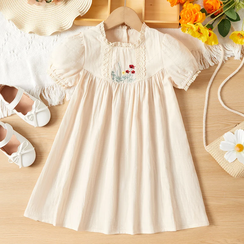 Girls Casual Embroidered Floral Dress Little Girls Fashion Birthday Gift Princess Dress Kids Pure Cotton Puffy Sleeve Clothes