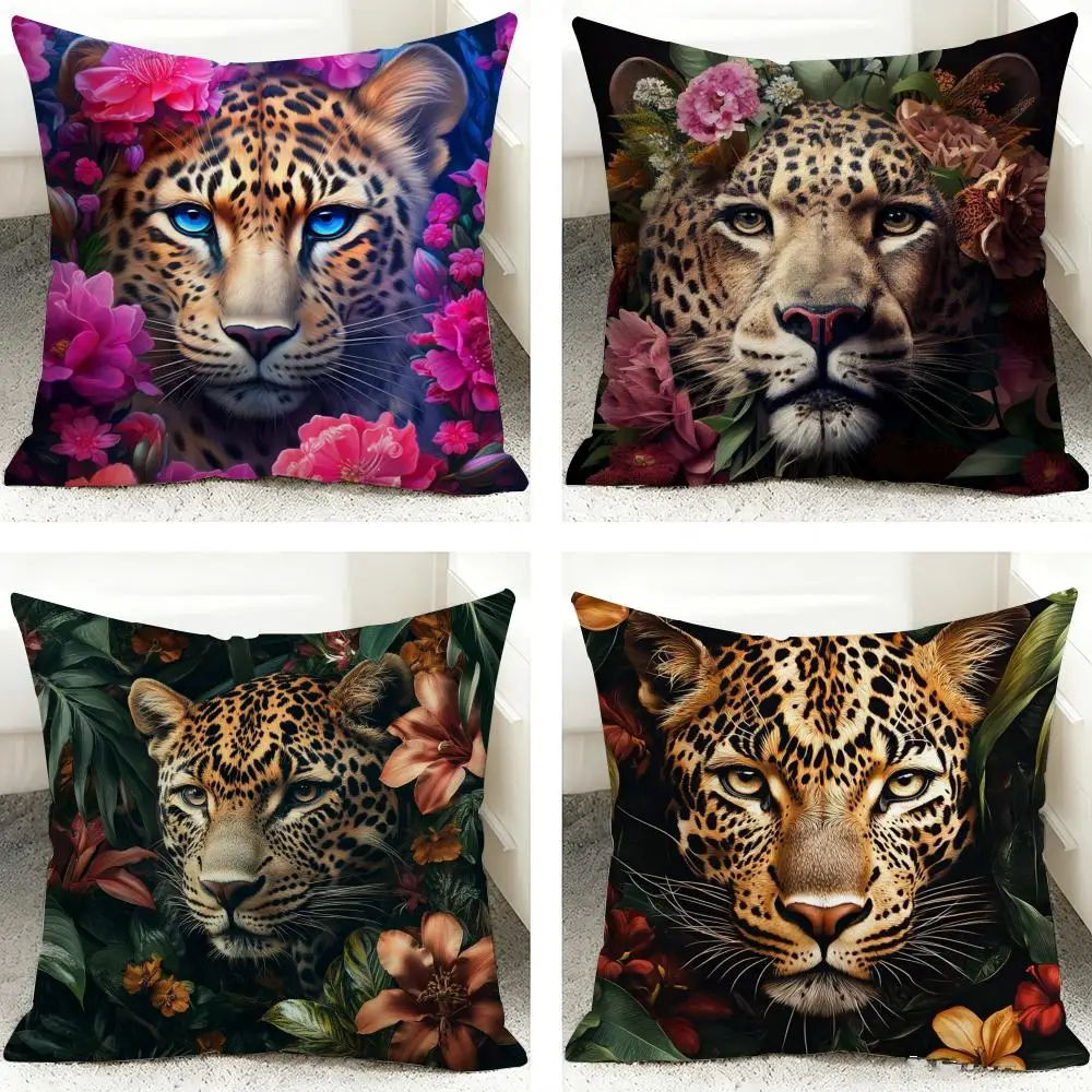 Leopard With Wreath Cushion Cover 40x40cm Square Decorative Sofa Cushion Cover Bedroom Living Room Home Decor Gift