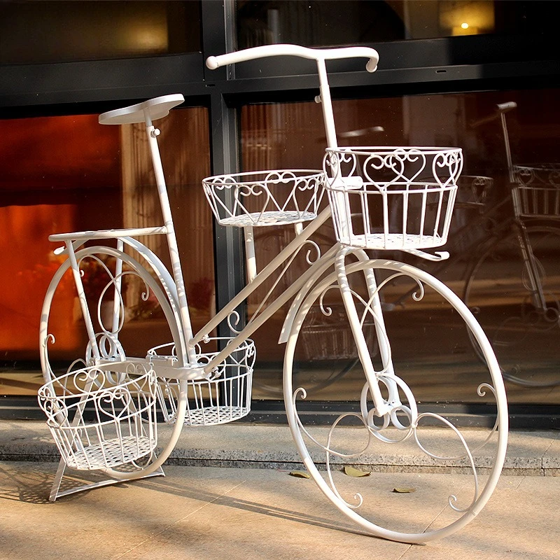 Retro Bicycle Shaped Flower Stand Ornate Iron Garden Decor Artistic Balcony Planter Display Vintage Style Patio Shelf Detachable