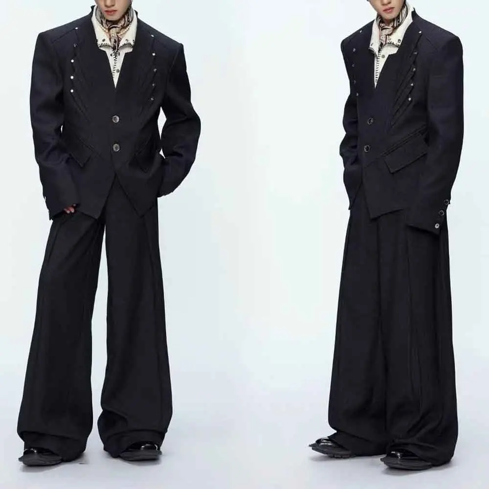 Mens Fall Jacket Deconstructed Pleated Casual Suit Jacket Streetwear Fashion Outdoor Stage Performance Trend Top Men'S Clothing
