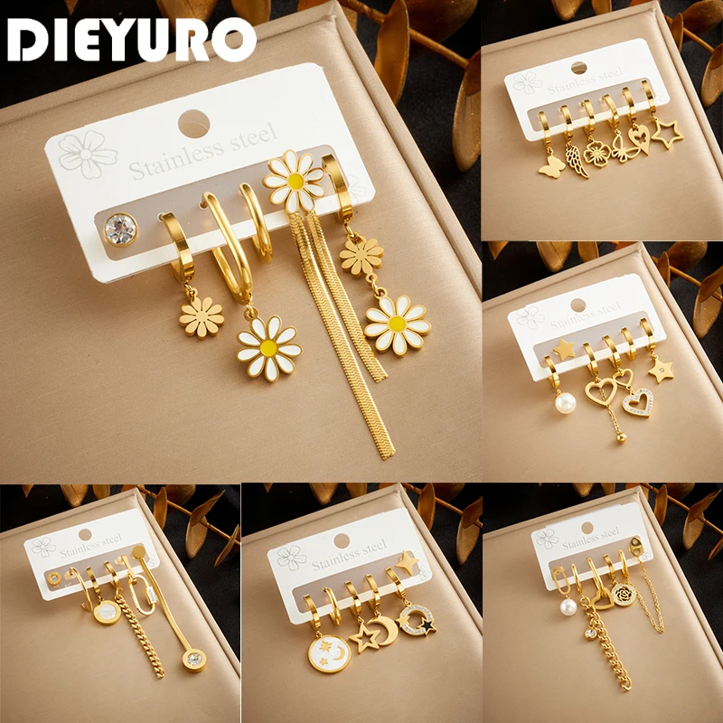 DIEYURO 316L Stainless Golden Flower Star Moon Series 6PC Earrings For Womens New Delicate Trend Steel Ear Buckle Jewelry Gift