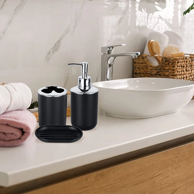 Set di 6 accessori per il bagno, con portaspazzolino, tazza per spazzolino, dispenser per sapone, portasapone, portaspazzole nero