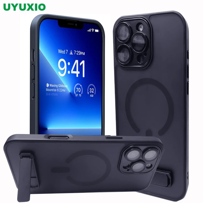 UYUXIO Translucent Magnetic Mobile Phone Case with Kickstand for iPhone 16 15 Pro Max Case 14 Plus 13 12 11 Slim Stand Cover