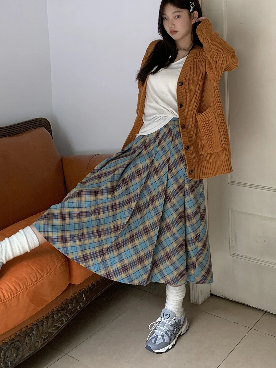 スリムAラインミディスカート ハイウエスト チェック柄 プリーツ カジュアルスタイル レディース 秋新作 エレガント ロングスカート