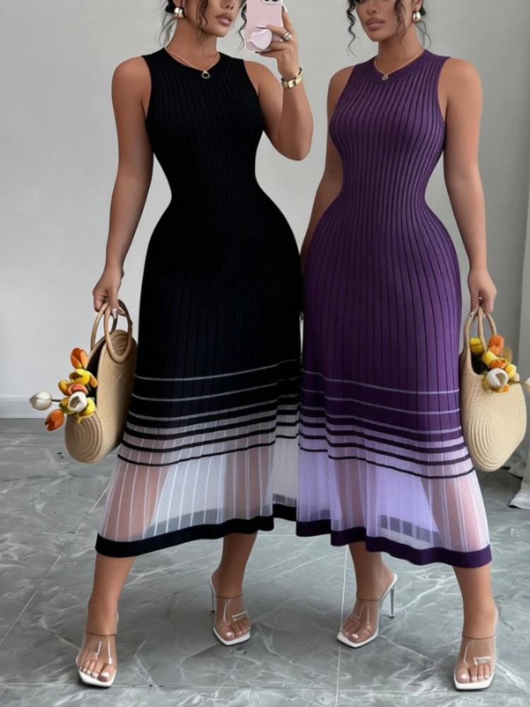 Paarse ombre mouwloze midi-jurk met ronde hals, mesh, elastisch breisel en doorschijnende zoom, casual zomerjurk voor strandvakantie en feestjes - afbeelding 2
