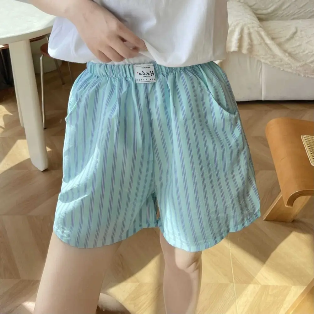 Spring Summer Casual Shorts Women Baggy Chic Stripe Short Pants Elastic Waistband High Waist Thin Loose Shorts Indoor Outdoor
