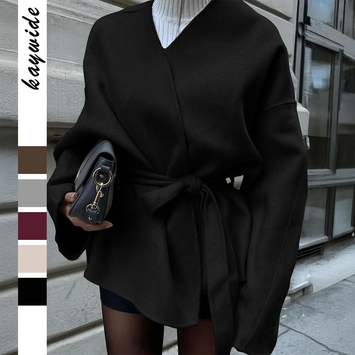 

KIDCRKJ Belted Women Spring Overcoat Elegant V-Neck Full Sleeve Waist-cinching Female Jacket Temperament Stylish Lady Outwear