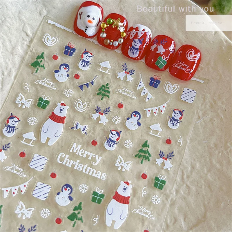 Christmas Nail Stickers Adhesive Nail Decals With Christmas White Bear Snowman Cartoon Cute Nail Decoration Salon Supply