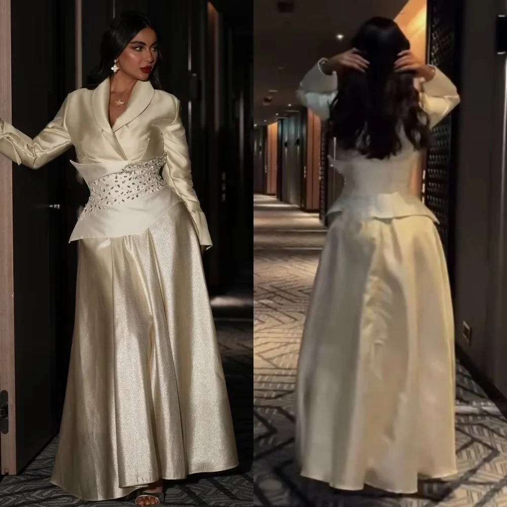 

Customized V-neck Evening Dress Gorgeous Satin Prom Dresses Beading Formal Occasion Shining Long Sleeve Party Gown Robe Soiree