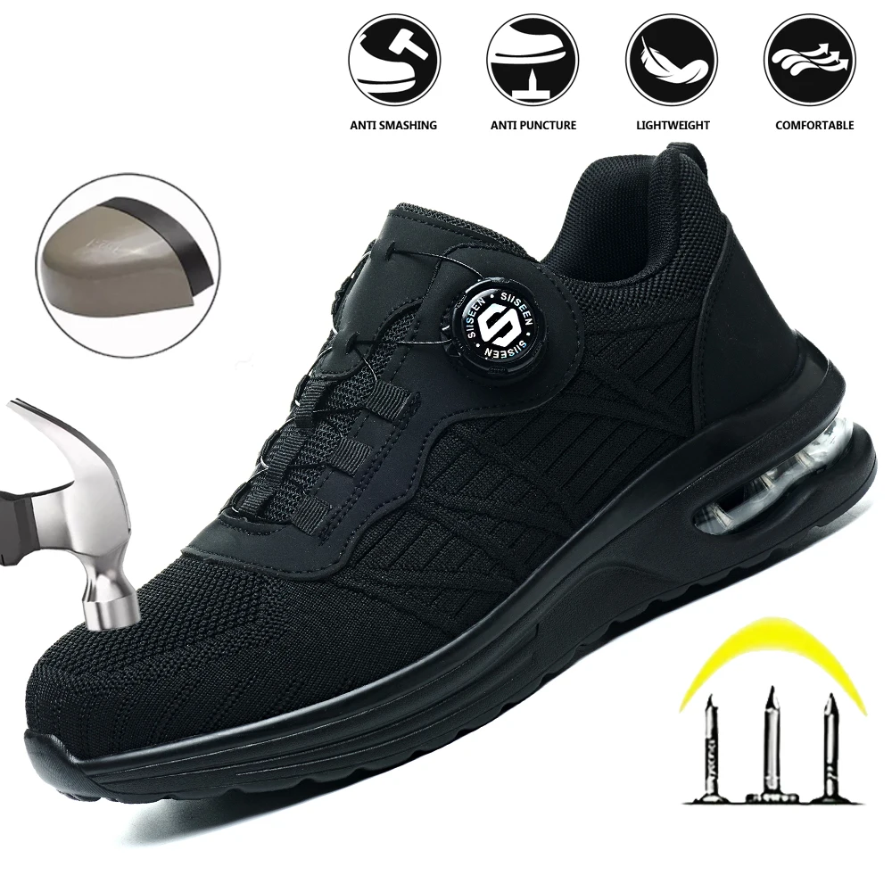New Men's Rotary Buckle Safety Shoes Anti-Impact Anti-Piercing Lightweight Work Boots Fashion Sporty Design for Outdoor Pro
