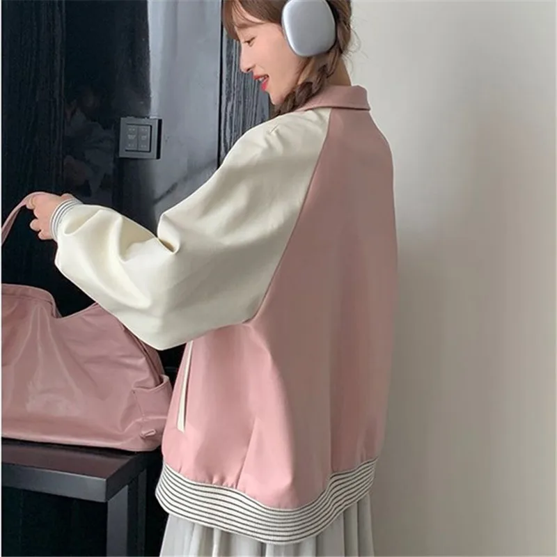 Spring Autumn PU Leather Jacket Women Join Together Long Sleeve Outerwear Casual Contrasting Leather Baseball Uniform Coat