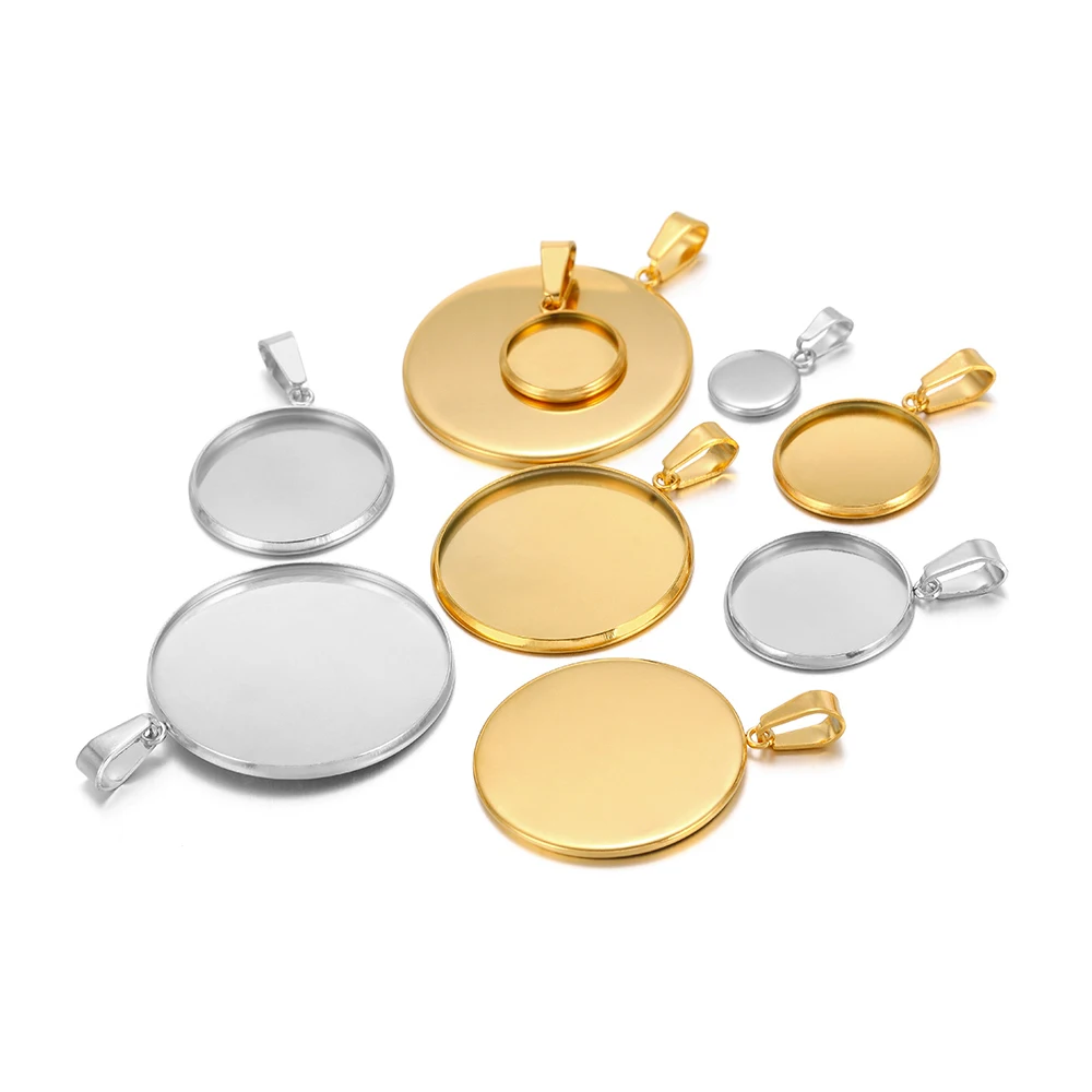 10pcs Stainless Steel Round Pendant Cabochon Base Setting Tray Blank Charms for DIY Jewelry Making Necklaces Accessories Bulk