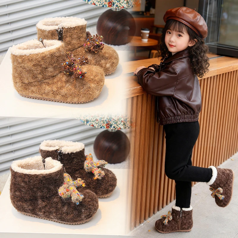 

2025 Winter Warm Children's Lightweight Comfortable Flat Casual Boot Lambs Wool Plush Baby Girls Boots Fashion Fluffy
