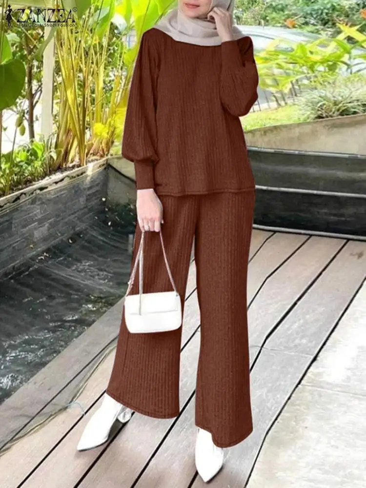 2024 ZANZEA Muslim Sets Women Autumn Tracksuits Fashion Long Sleeve Blouse Solid Pant Sets IsIamic Hijab Outfits Two Pieces Sets