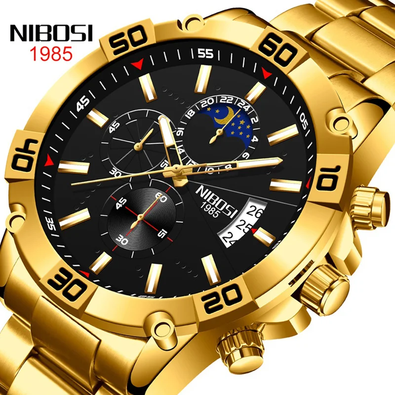 

NIBOSI Fashion Stainless Steel Gold Watch Mens Watches Top Brand Luxury Clock Chronograph Quartz Watch Men Relogio Masculino