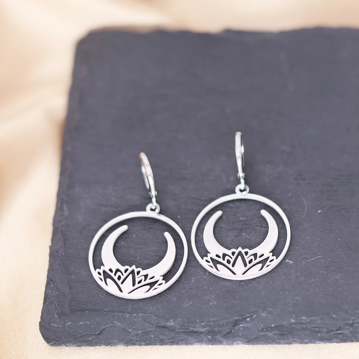 QIAMNI Celestial Crescent Moon Lotus Flower Hoop Earrings For Women Friends Lover Gifts Vintage Stainless Steel Jewelry Femme
