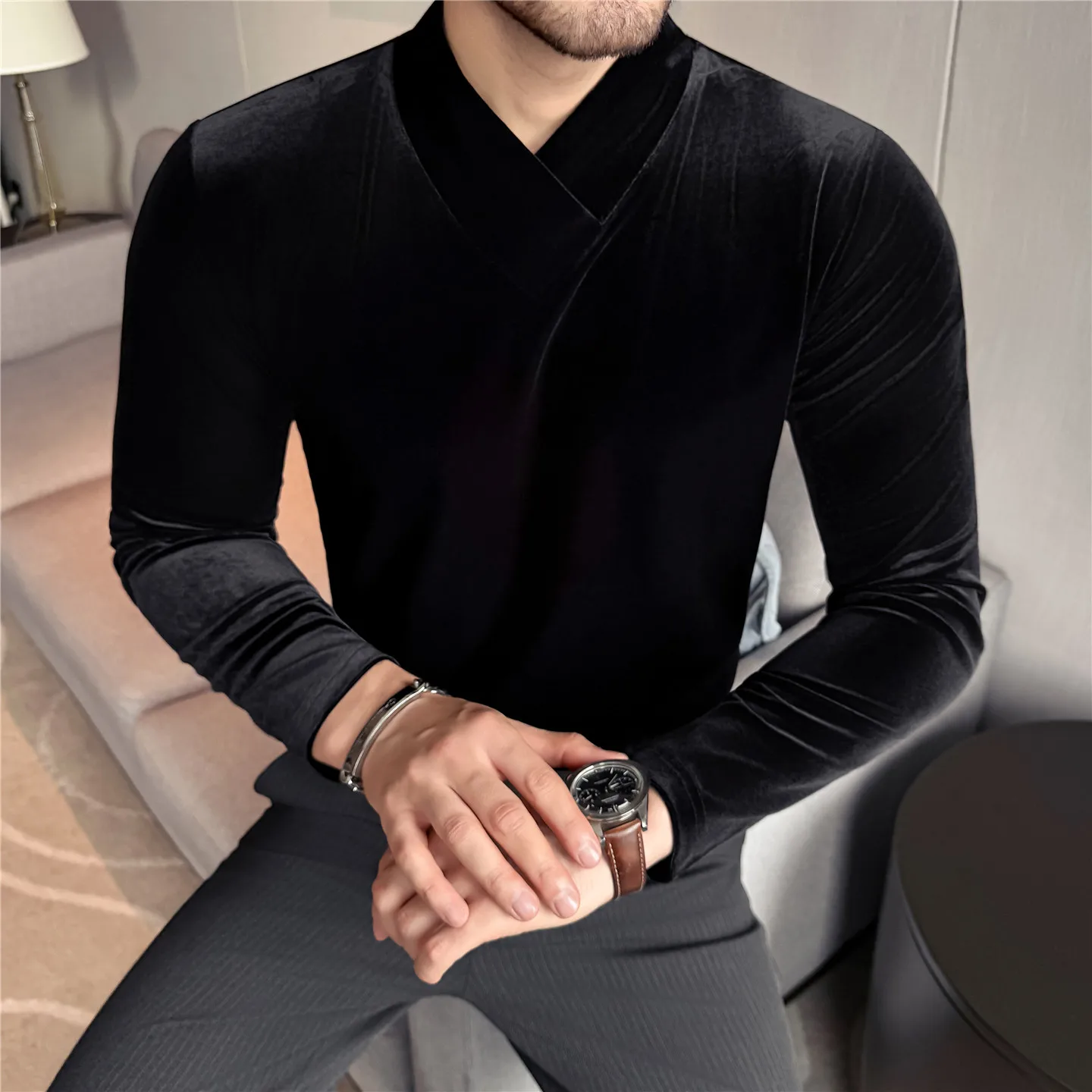 قميص رجالي للخريف والشتاء برقبة على شكل حرف V، قميص مخملي، طبقة أساسية سميكة ودافئة، ملابس كاجوال أنيقة #4