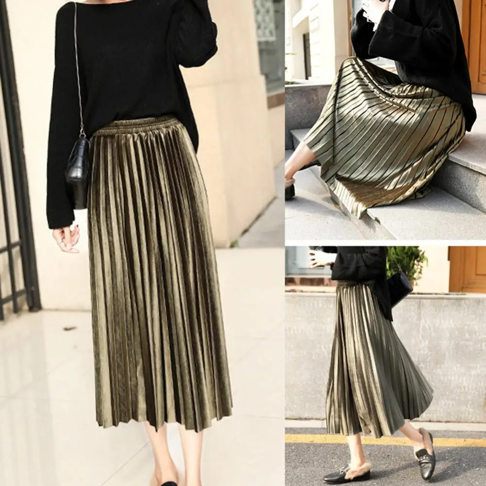 Solid Color Pleated Elastic Skirt Chic Women Waistband Velvet Large Swing Long Skirt