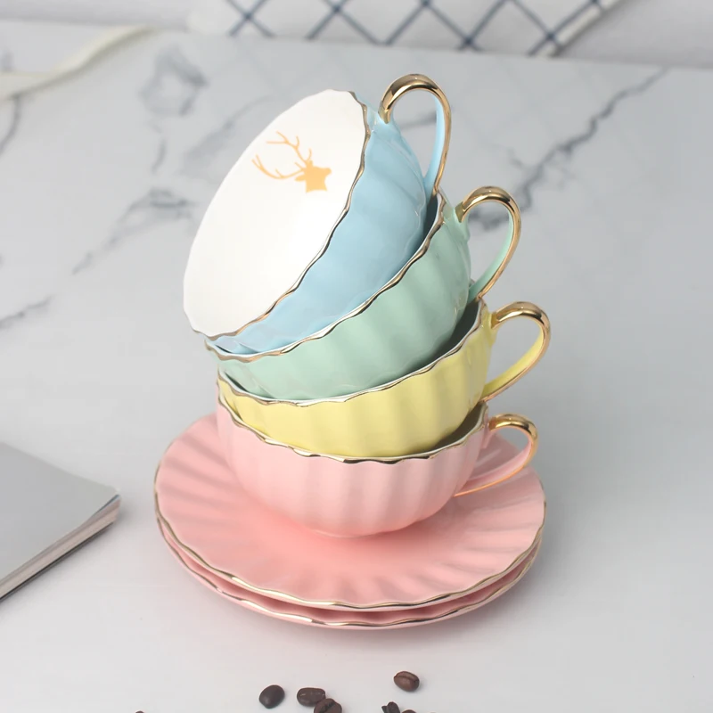 

Nordic Luxury Tea Cup Holder And Saucer Set Coffee Mug Gold Rim Coffee Cup Ceramic With Spoon Tazas De Cafe Family Drinkware