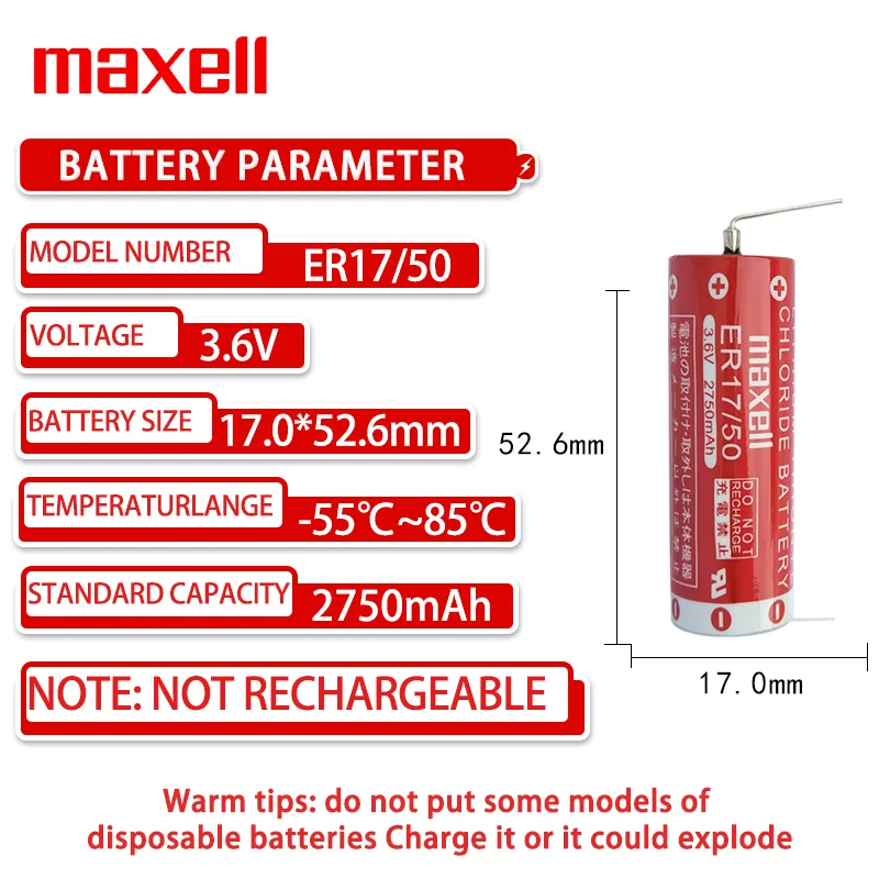 ER17/50 3.6V 2750mAh Primary Lithium Battery Suitable for Robot Robotic Arm Encoders Gas Meter Smoke Alarm