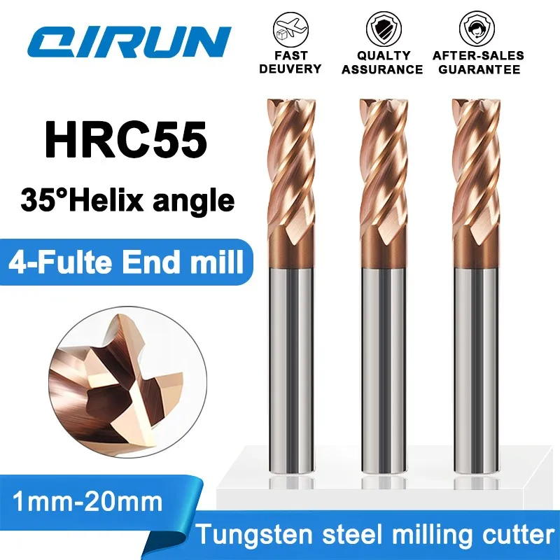 QIRUN HRC55 4-Flute nano coating, Tungsten carbide end milling cutter, CNC machining tool, flat bottom end milling cutter.