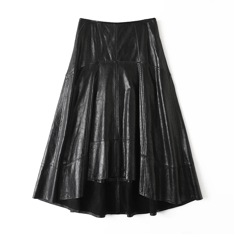 Genuine Leather A-line Skirt for Women Fashion High Waist irregular Oil wax Vegetable Tanned Sheepskin Mid-length Skirts Female
