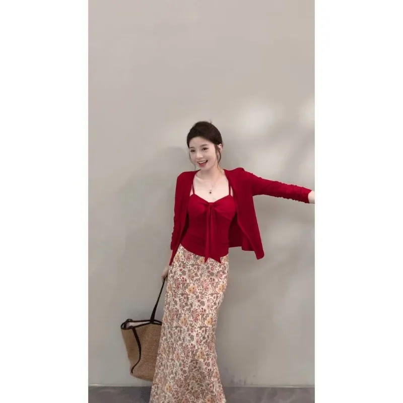 Light and Familiar Style Wear Complete Set of Spring Dresses Slim and Thin Cardigan Suspender Skirt, Three-piece Suit for Women